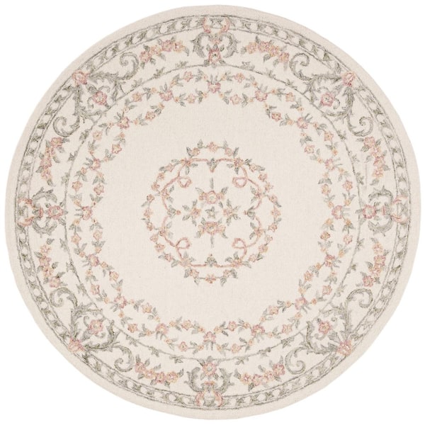 Aubusson 4 ft. x 4 ft. Round Ivory/Pink Floral Area Rug