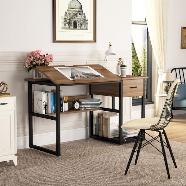 BYBLIGHT 47 in. Retangular Particle Board Brown 1-Drawer Drafting Writing  Desk with Shelves and Tiltable Tabletop Drawing Table BB-C0296GX - The Home  Depot