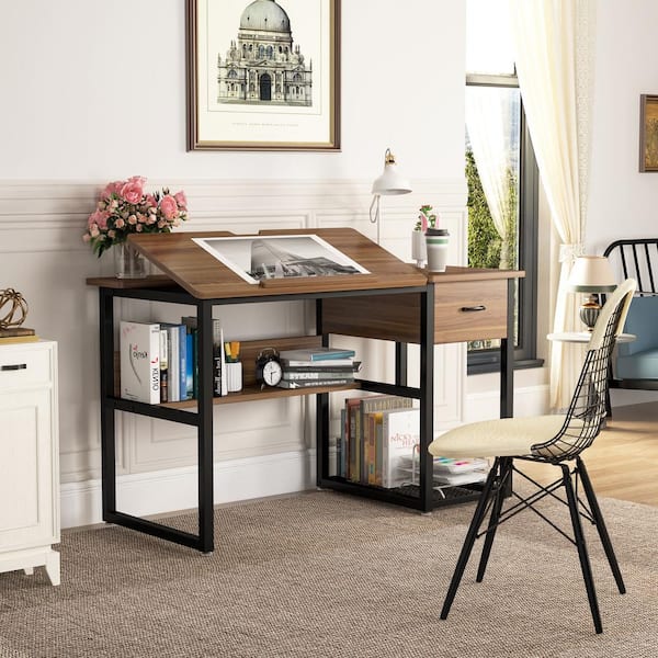 47 in. Rectangular Particle Board Brown 1-Drawer Drafting Writing Desk with Shelves and Tiltable Tabletop Drawing Table