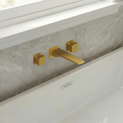 8 in. Long Spout Double Handle Wall Mount Roman Tub Faucet with Spot Resistant 4.8 GPM in Brushed Gold Valve Included