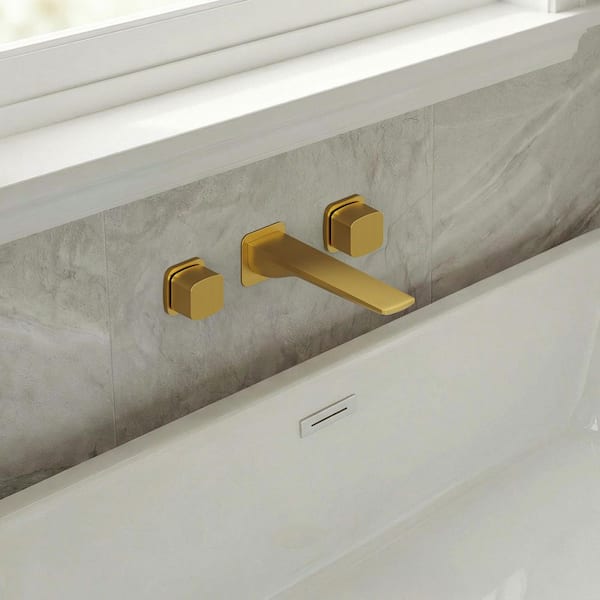 8 in. Long Spout Double Handle Wall Mount Roman Tub Faucet with Spot Resistant 4.8 GPM in Brushed Gold Valve Included