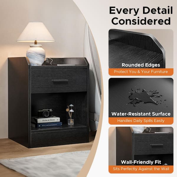 Merra Modern Black 1-Drawer 23.6 in. W Nightstand w/ Power Outlets