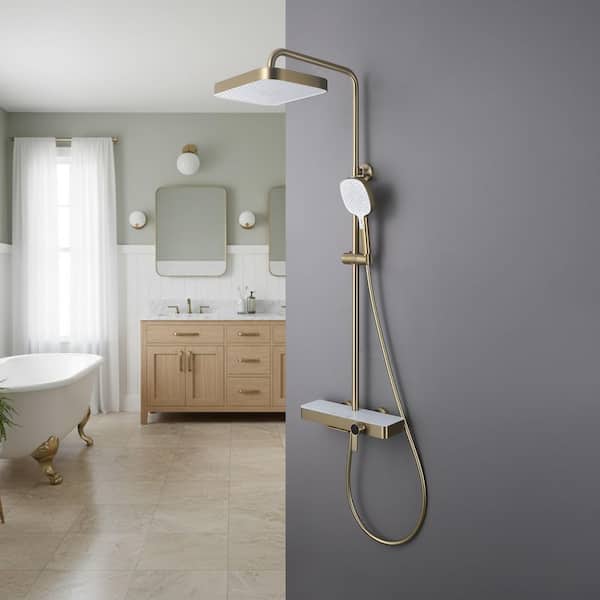 3-spray Square Shower Head Wall Mount Fixed and Handheld Shower Head Flow rate 2.11 GPM in Brushed Gold
