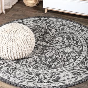 Palazzo Vine and Border Textured Weave Black/Gray 5 ft. Round Indoor/Outdoor Area Rug