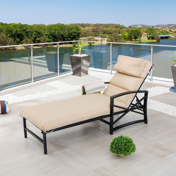TOP HOME SPACE Adjustable Back Metal Outdoor Lounge Chair with Khaki Cushions