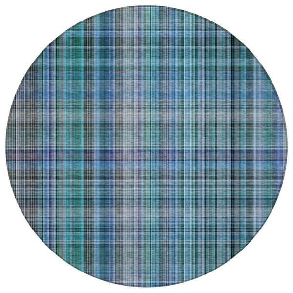 Blue, Gray 8 ft. x 8 ft. Woven Plaid Polyester Round Indoor / Outdoor Area Rug