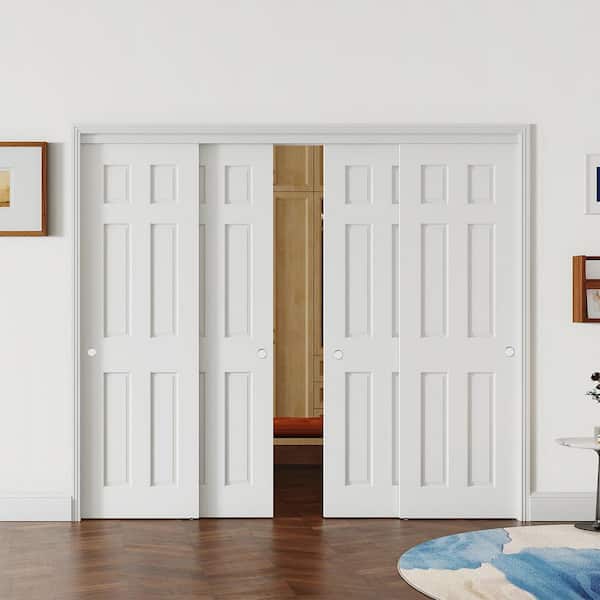 96 in. x 80 in. White 6-Panel MDF Sliding Door Panels with Handle, Hardware Track Kit and Floor Guide, Finished Doors