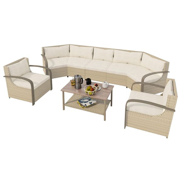 6-Piece Rattan Wicker Outdoor Sectional Set Curved Conversation Set with Beige Cushions