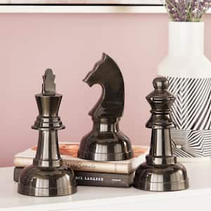 Dark Gray Aluminum Chess Sculpture with Knight, Queen and King (Set of 3)