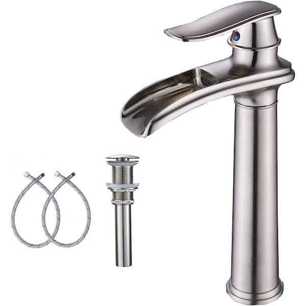 Waterfall Tall Spout Single Hole Single Handle Vessel Sink Faucet in Brushed Nickel