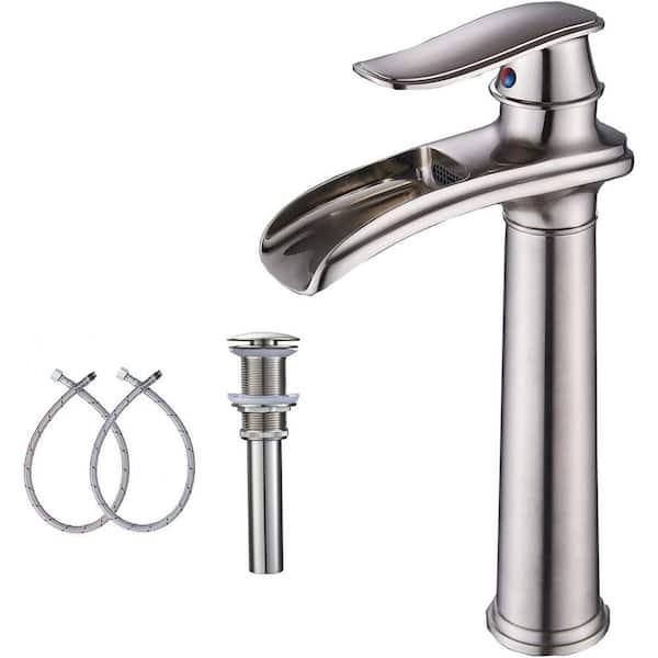 HOMEMYSTIQUE Waterfall Single Handle Tall Vessel Sink Faucet in Brushed Nickel