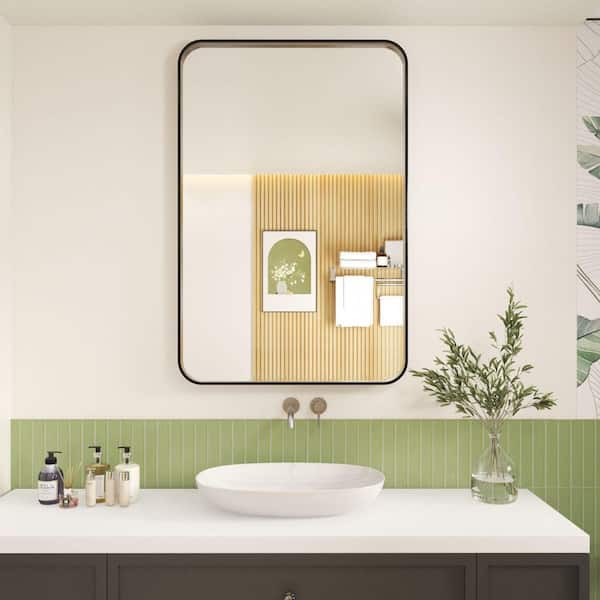 48 in. W x 32 in. H Rectangular Aluminum Framed Wall Bathroom Vanity Wall Mount Mirror in Black