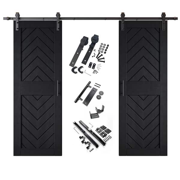 JT2 26 in. x 84 in. C-Panel Black Fishbone Design Double Pine Wood Sliding Barn Door with Hardware Kit
