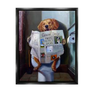 Dog Reading Newspaper On Toilet Funny Painting by Lucia Heffernan Floater Frame Animal Wall Art Print 21 in. x 17 in.