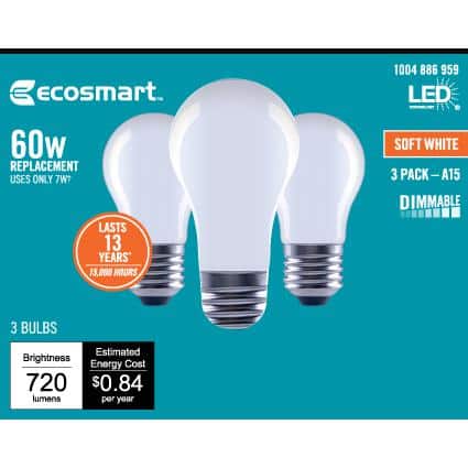 60-Watt Equivalent A15 Dimmable Frosted Glass Decorative Filament LED Vintage Edison Light Bulb Soft White (3-Pack)