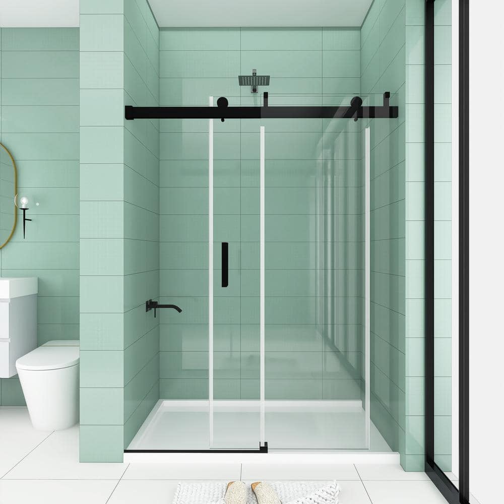 Matte Black Frameless Sliding Shower Door with Clear Tempered Glass