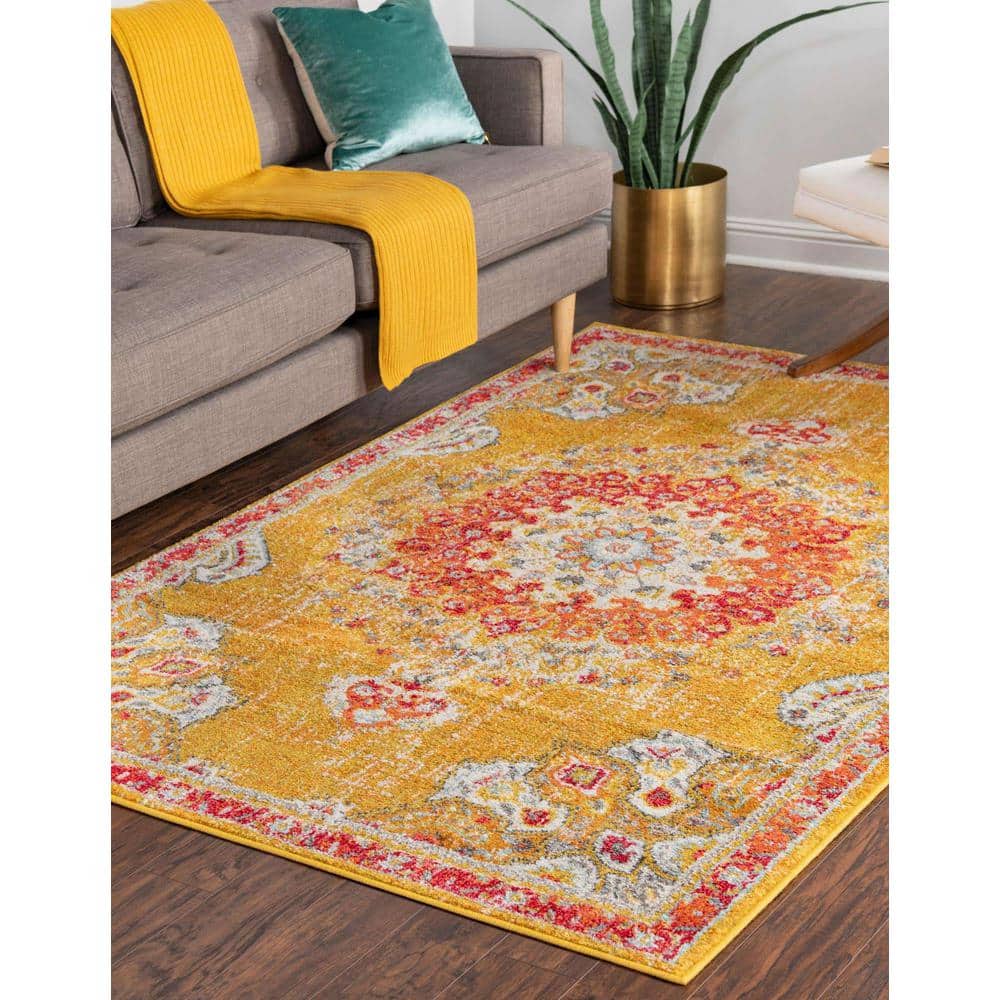 Gold and Red Medallion Synthetic Indoor Area Rug