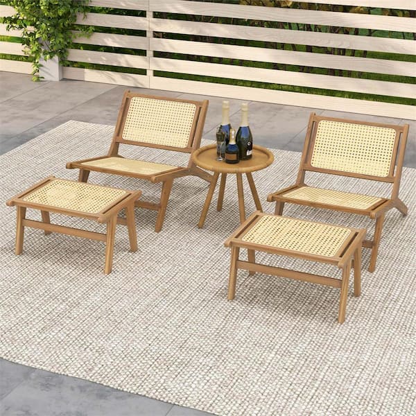 Natural Teak Wood Rattan Lounge Occasional Chair and Ottoman Set with Ergonomic Backrest
