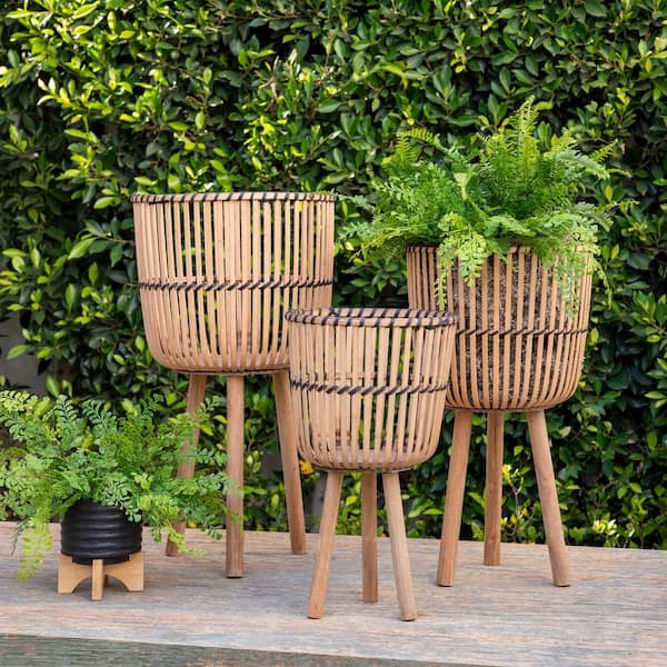AUTMOON Set of 3 Bamboo Planters 19/23/26 in. for Garden Patio Entryway  Living Room, Plant Stand Outdoor Tall Plants, Brown B079106813