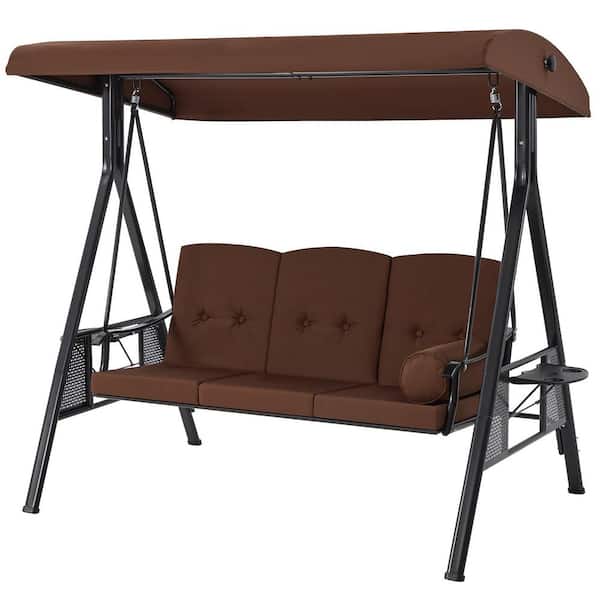 3-Person Metal Outdoor Patio Swing Chair in Brown with Canopy and Cushions