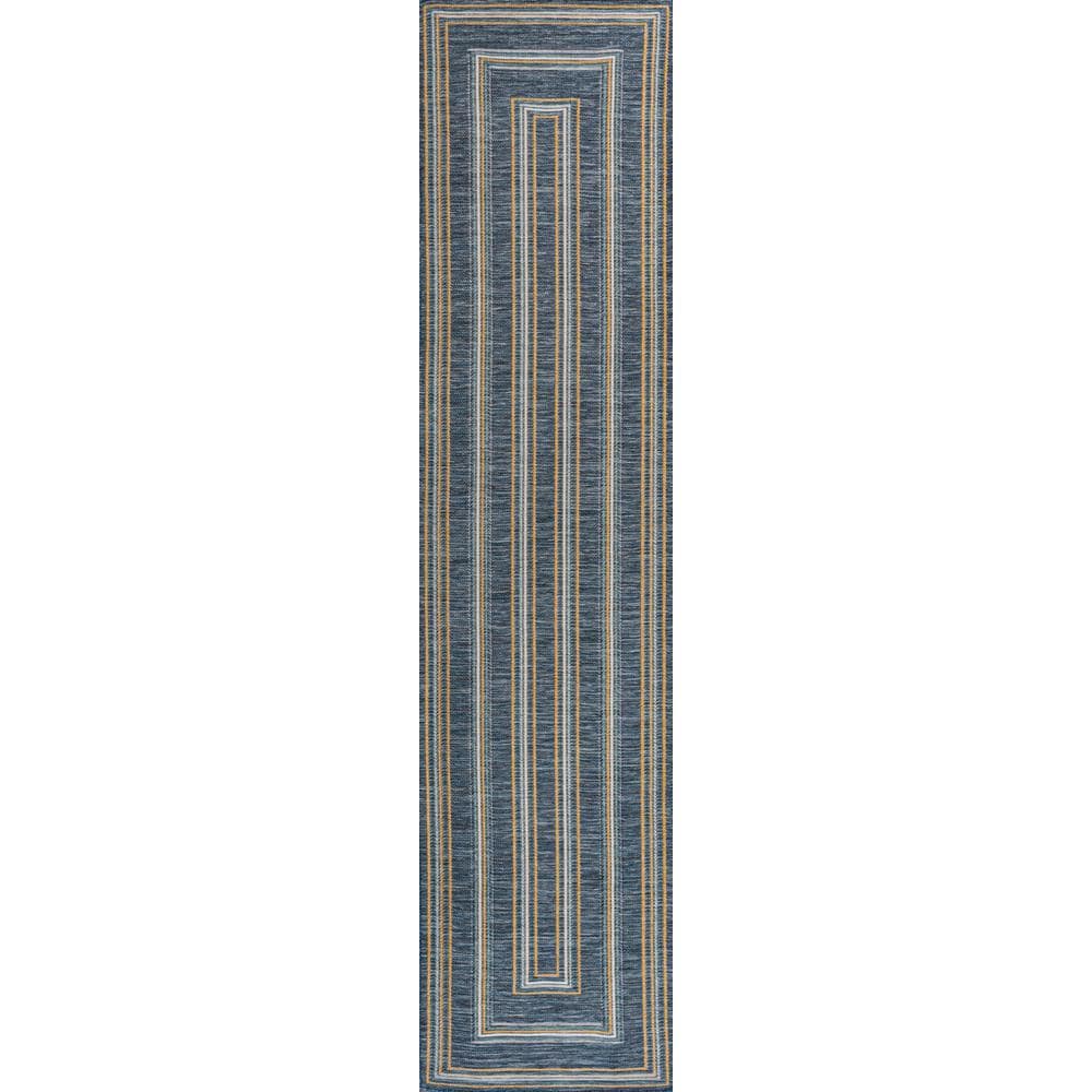 Navy and Cream Flat Woven Synthetic Reversible Runner Rug, 2 x 8