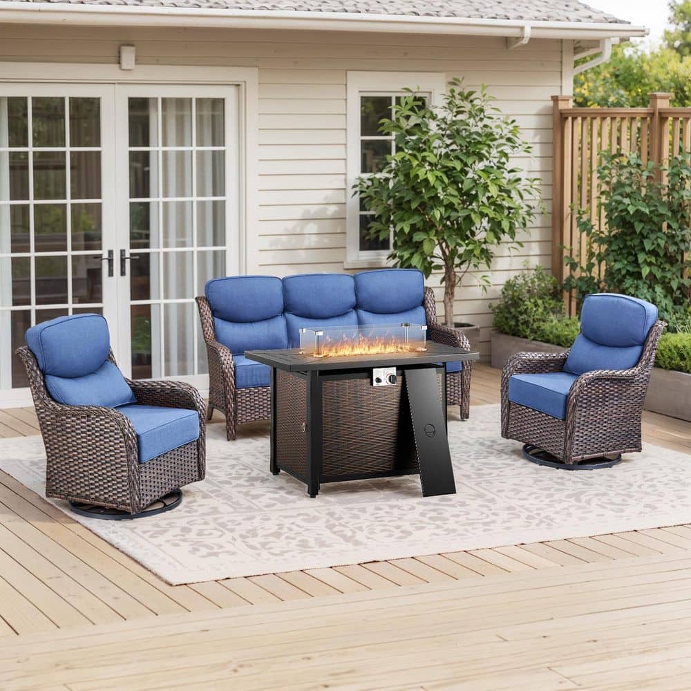 MoonLuxe Brown Wicker Fire Pit Conversation Set with Blue Olefin 6 In. Thick Cushions Patio Swivel Chairs (4-Piece) price history on PriceWatchPro
