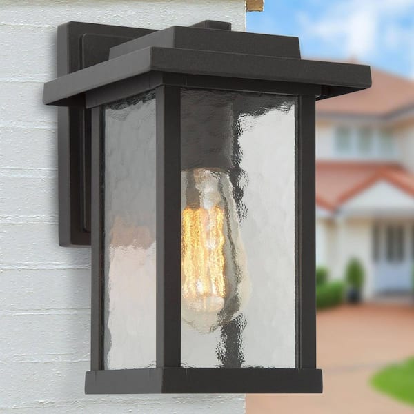Matte Black Outdoor Wall Lantern Sconce with Textured Glass Shade Modern 1-Light Porch Patio Garden Wall Mounted Light