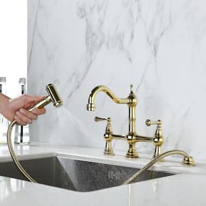 2 Handles 4 Holes 8.85 in. Solid Brass Bridge Dual Handles Kitchen Faucet with Pull-Out Side Sprayer in Gold