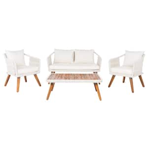 Raldin Beige 4-Piece Wood Patio Conversation Set with Beige Cushions