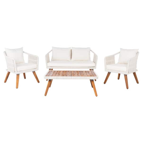 SAFAVIEH Raldin Beige 4-Piece Wood Patio Conversation Set with Beige Cushions