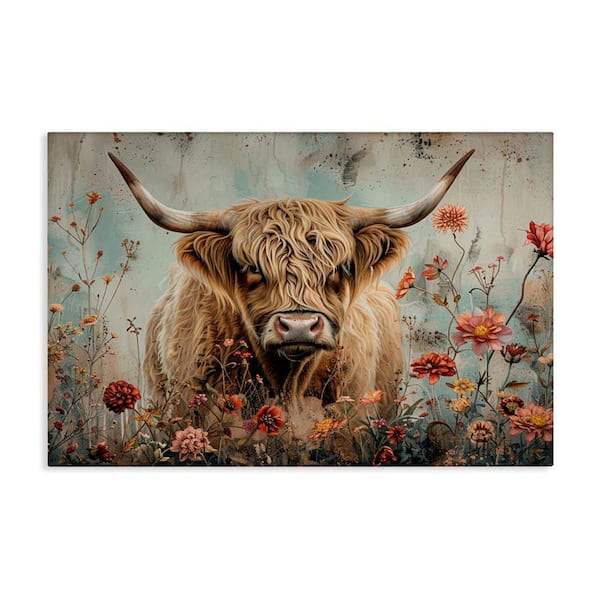 Spring Blooms Highland Cow by LSR Design Studio Unframed Animal Graphic Art Print 30 in. x 45 in.