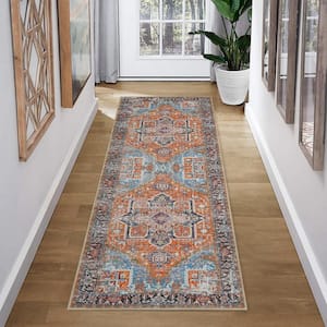 Orange 2 ft. x 6 ft. Persian Stain Resistant Floral Print Runner Rug