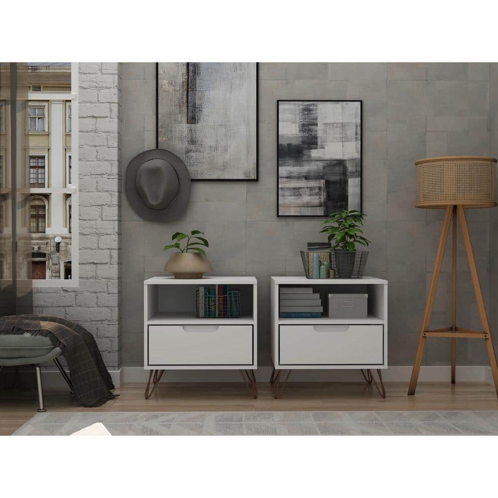 Set of 2 Gray 1-Drawer Nightstands with Hairpin Legs