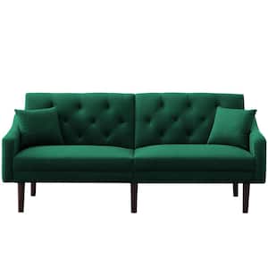72.8 in. Green Velvet Futon Sofa Sleeper with 2-Pillows
