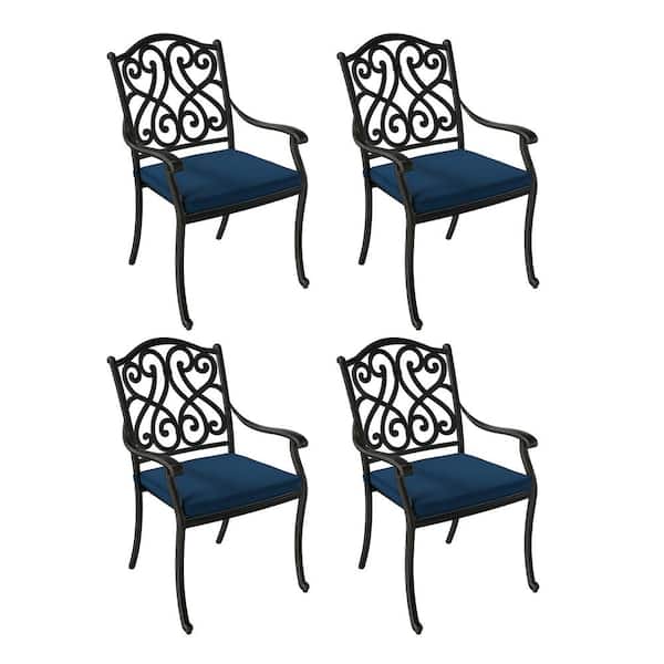 Clihome Set of 4 Cast Aluminum Outdoor Patio Vintage Carved Dining Chair with Blue Removable Cushion