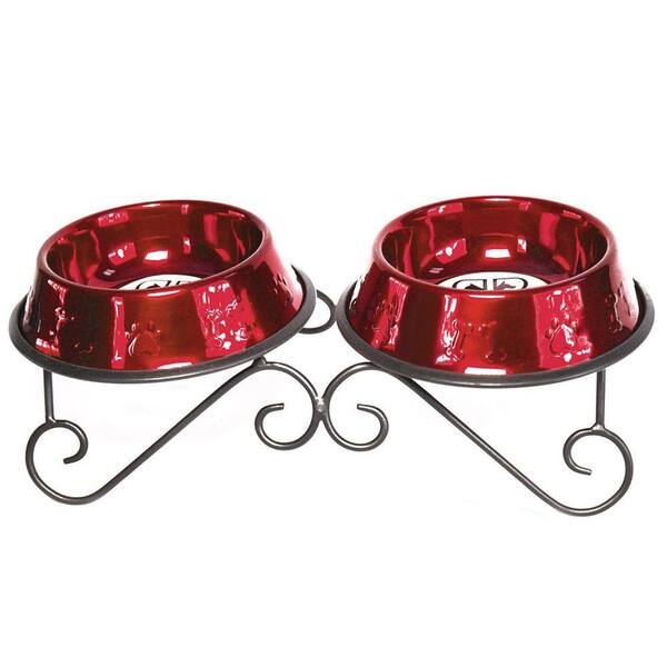 Platinum Pets 3 Cup Wrought Iron Scroll Double Feeder with Embossed Non-Tip Bowl in Red