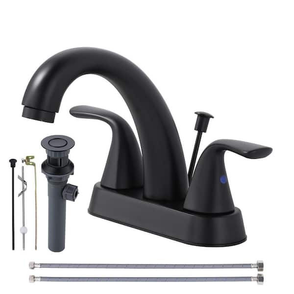 AVITAS 4 in. Centerset Double Handle Bathroom Faucet with Drain Kit Included in Matte Black