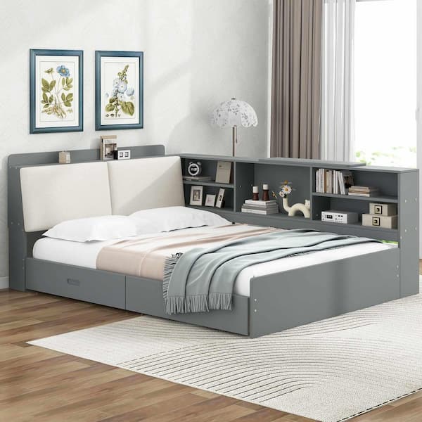 Gray Full Daybed with Storage Headboard, Shelves and 2 Drawers
