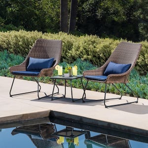 3-Piece Wicker Bistro Set Modern Outdoor Furniture Set 2 Chairs, 15in. Side Table w/ Steel Frames and Navy Cushions