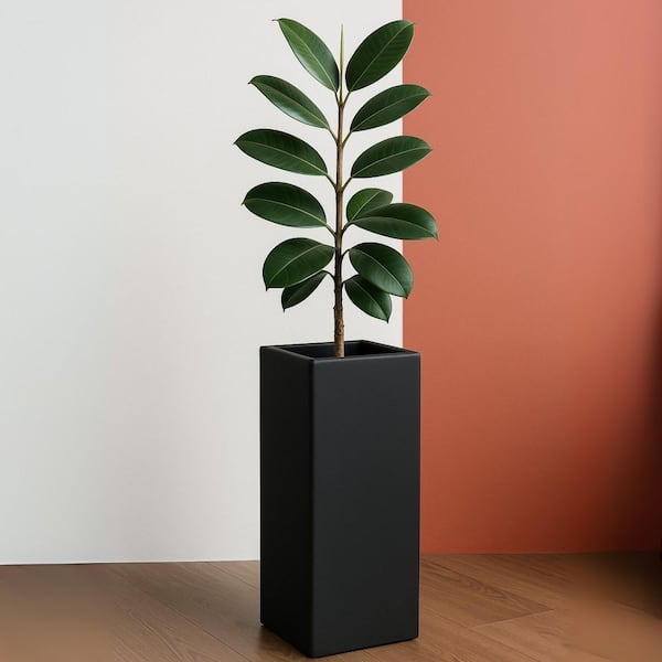 Terra 27 in. High Fiberstone Garden Pots, Modern Tall Square Planters with Drainage Hole for Outdoor/Indoor in Black