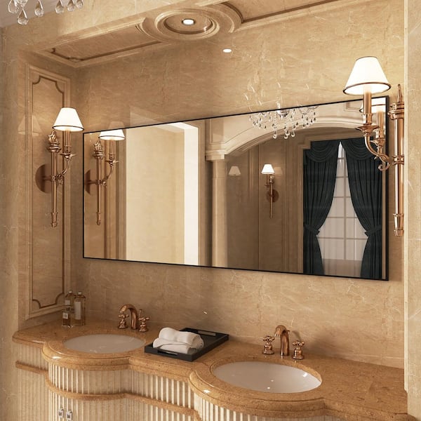 72 in. W x 32 in. H Large Rectangular Right angle Aluminum Alloy Framed Wall Mounted Bathroom Vanity Mirror in Black