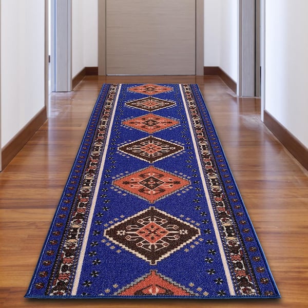 Unbranded Southwestern Blue Color 26 in. Width x Your Choice Length Custom Size Roll Runner Rug/Stair Runner