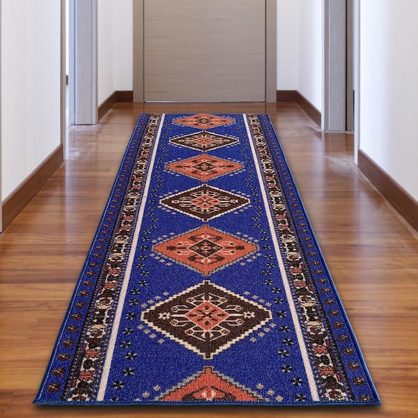 PLAYA RUG Southwestern Blue Color 26 in. Width x Your Choice Length Custom Size Roll Runner Rug/Stair Runner