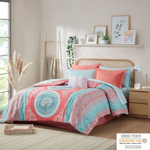 9-Piece Bed-in-a-Bag Set Coral Queen Size with Bed Sheets Boho Comforter Set
