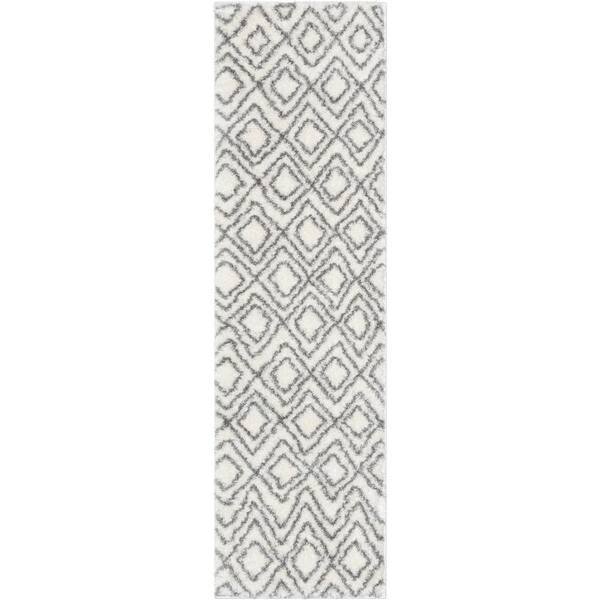 Well Woven Celeste Lagos Tribal Diamond Pattern Shag Ivory 2 ft. 7 in. x 9 ft. 10 in. Runner Area Rug
