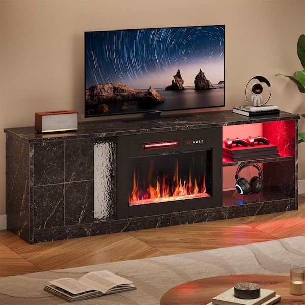 63 in. Freestanding Electric Fireplace TV Stand with LED Storage Shelf for TVs up to 70 in. TV Console, Marble Black
