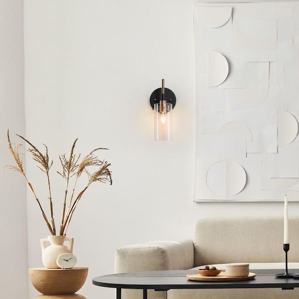 Modern 1-Light Brass Gold Wall Sconce, Black Bathroom Vanity Light with Open Cylinder Clear Glass Shades DIY Wall Light