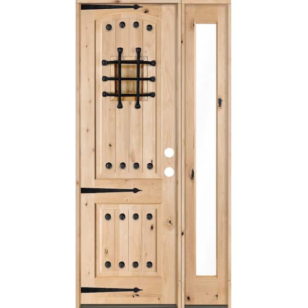 Krosswood Doors 44 in. x 96 in. Mediterranean Unfinished Knotty Alder Arch Left-Hand Right Full Sidelite Clear Glass Prehung Front Door