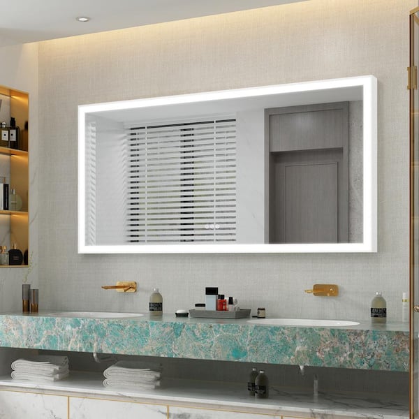 WELLFOR ERIC 72 in. W x 36 in. H Rectangular Aluminum Framed LED Lighted Dimmable Wall Bathroom Vanity Mirror in White, Defogger
