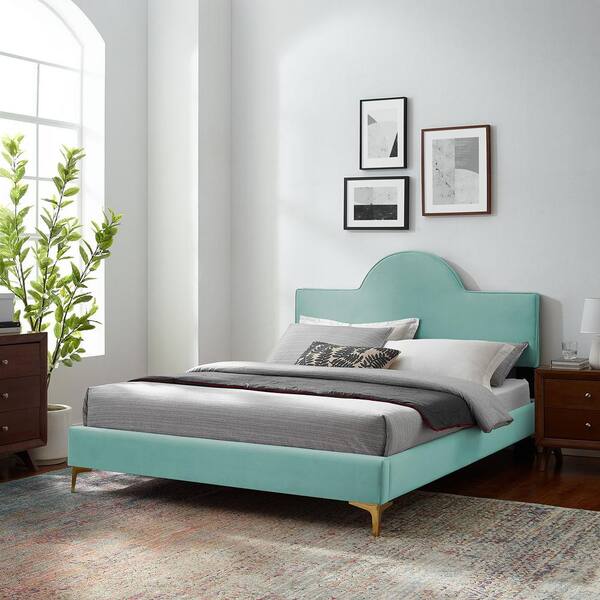Scalloped Edge Upholstered Full/Queen Size Bedroom Headboard in Mint Velvet 